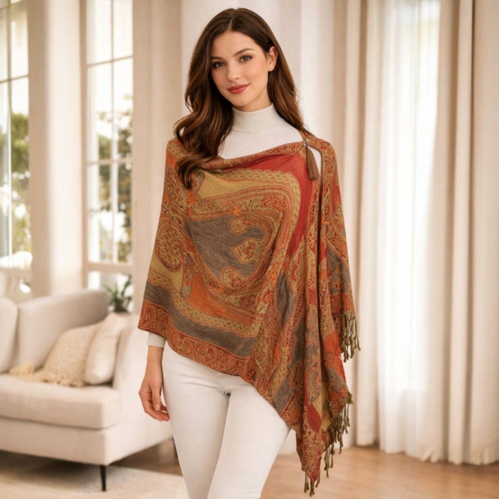 Red Gold Paisley Pashmina Poncho Tassel Accents Scarf